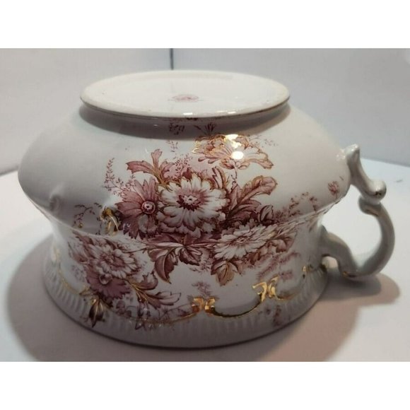 Antique Dunn Bennett & Co Chamber Pot in Daisy Pattern Red Florals W/ Gold Trim - Picture 6 of 11